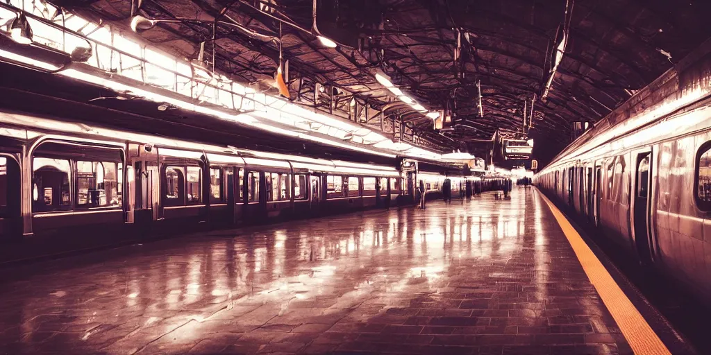 Prompt: train station in space, nostalgic atmosphere, photo, neon lights