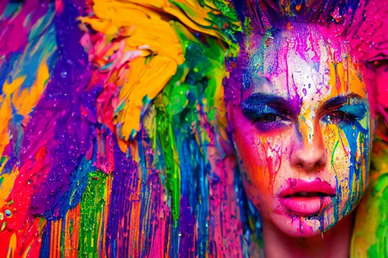 Image similar to a highly detailed cinematic headshot portrait photograph of a woman with a liquid paint headdress, with rainbow paint splash, melting smoothly into other faces, liquid, ultra realistic, beautiful rim lighting, by richard avedon and annie leibovitz and arnold newman, photorealistic, hyperrealistic, octane, high speed camera, zeiss lens, sharp focus, paint splash