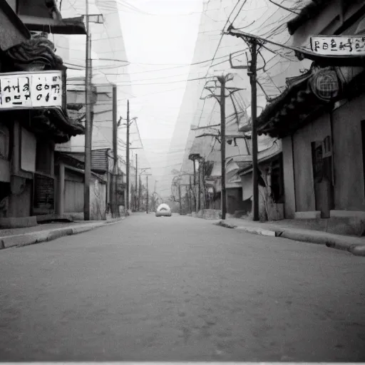 Image similar to 1950s Korean thriller film noir, a view of Shin Sang-ok in the middle of an empty scene, 35mm film, Cooke Varotal 20-100 T3.1