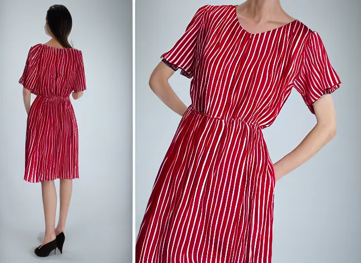 Prompt: “ silk dress, red stripes, black polka dots, model ”