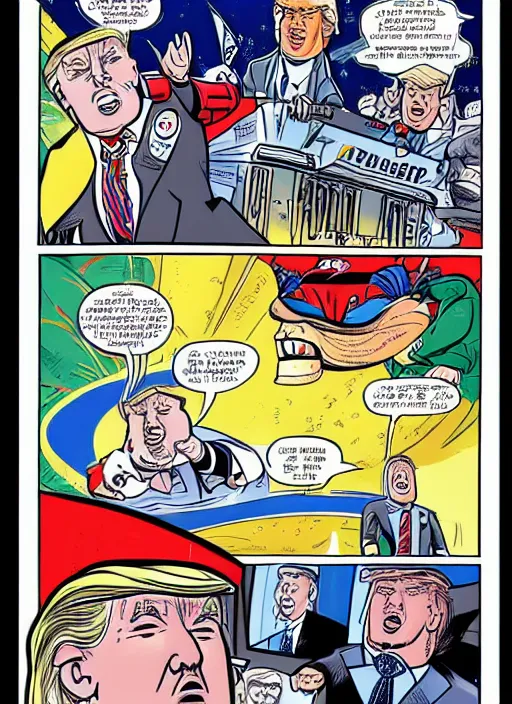 Prompt: a full page panel drawn by bill watterspn depicting trump and spaceman spiff
