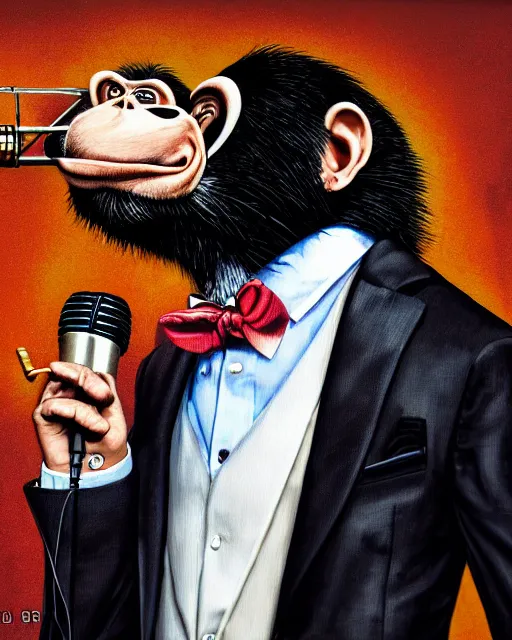 Prompt: a portrait of an anthropomorphic rockstar chimp in a tux singing into a microphone, smoking a cigar by sandra chevrier, by jon foster, detailed render, tape deck, epic composition, cybernetics, 4 k realistic, cryengine, realistic shaded lighting, sharp focus, masterpiece, by enki bilal