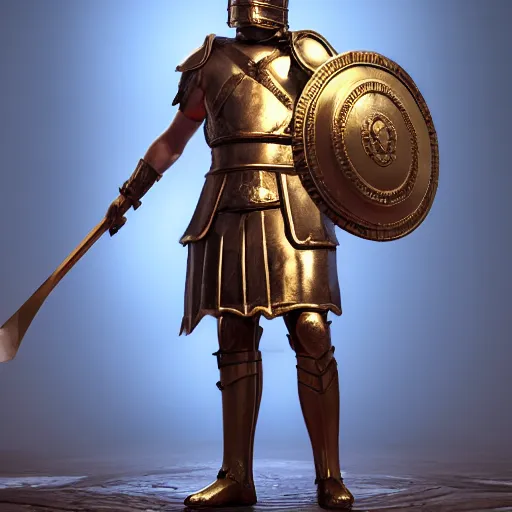 Image similar to bronze age colonel armstrong as achilles in the trojan war, large bronze plate armor with a long silver spear, concept art, trojan horse in the background, portrait, artstation, volumetric lighting, exquisite detail, octane render, 8 k postprocessing