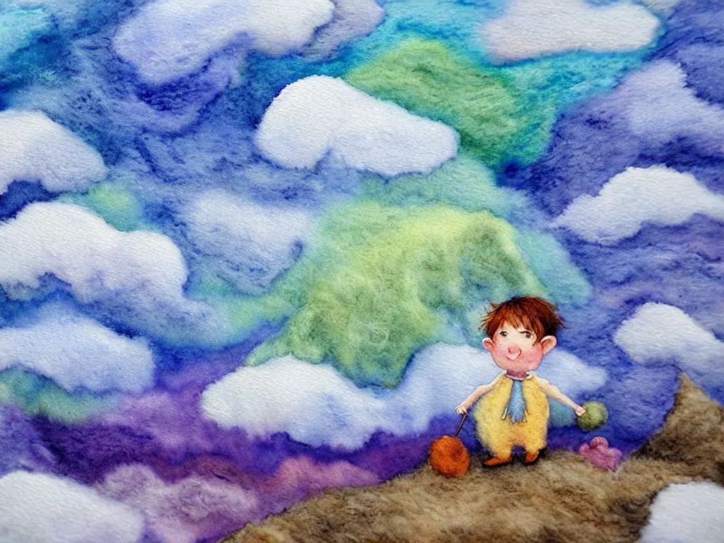 Image similar to A watercolor art of Mumintroll character in shape of wool felting amazing clouds, illustration by Irena Žviliuvienė, book cover, colorful background with mountains, 4k resolution, ultra detailed, matte painting, tarot card style, character design