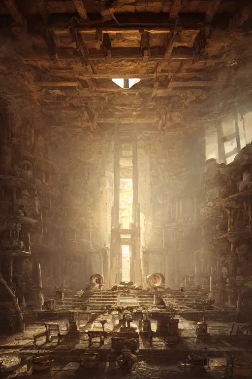 Image similar to Detailed Interior Shot Of The Mayan Alchemist Workshop, lit by the light of gods, abandoned by gods, hyperdetailed artstation cgsociety by greg rutkowski and by Gustave Dor