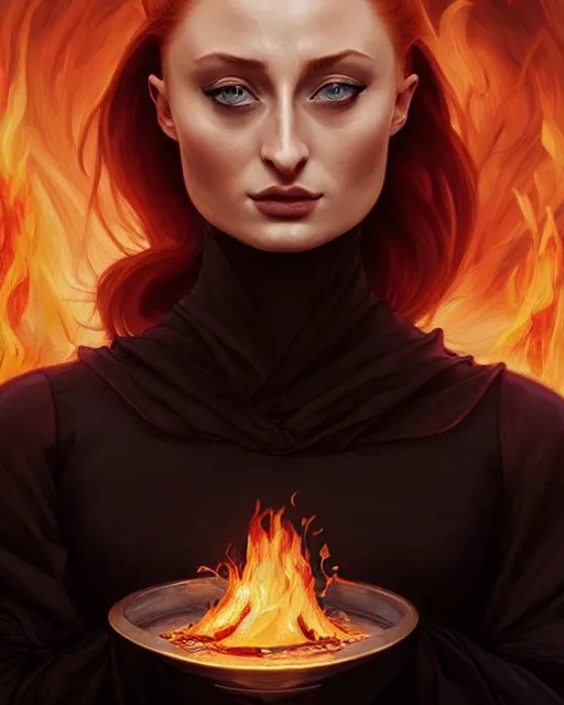 Prompt: Sophie Turner in an elegant black silk dress casting a fire spell, fire reflection in eyes, extreme close-up, deep focus, D&D, fantasy, intricate, elegant, highly detailed, digital painting, artstation, concept art, matte, sharp focus, illustration, hearthstone, art by Artgerm and Greg Rutkowski and Alphonse Mucha