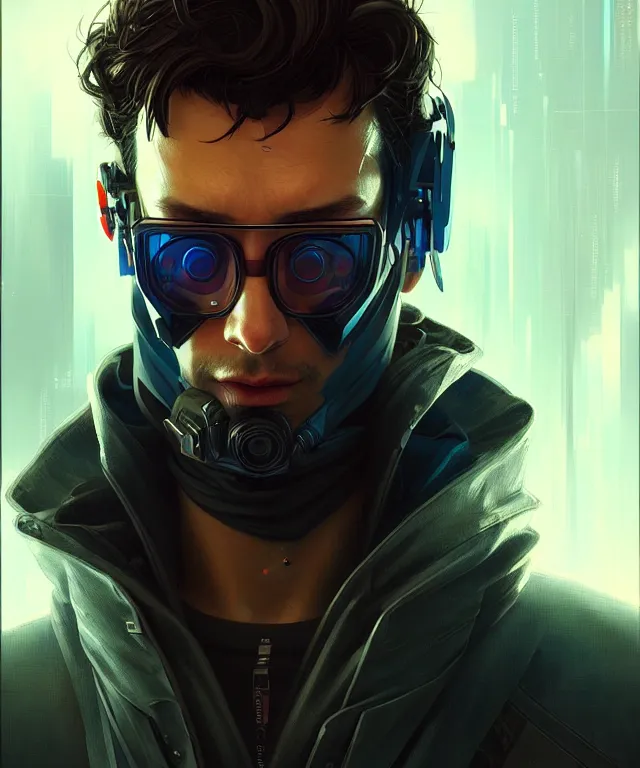 Image similar to Hacker cyberpunk man portrait, highly detailed, digital painting, artstation, concept art, smooth, sharp focus, illustration, art by artgerm and greg rutkowski and alphonse mucha