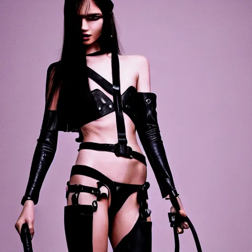 Image similar to fashion photography of an extraterrestrial model, holding a leather whip, wearing demobaza fashion, inside berghain, berlin fashion, harness, futuristic fashion, dark minimal outfit, photo 3 5 mm leica, hyperdetail, berghain, 8 k, very detailed, photo by nick knight