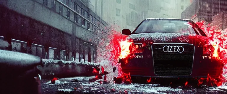 Image similar to Audi A4 B6 Avant (2002), a gritty neo-noir, dramatic lighting, cinematic, eerie person, death, homicide, homicide in the snow, viscera splattered all over the car, gunshots, establishing shot, extremely high detail, photorealistic, red mist, arson, burning city, cinematic lighting, artstation, by simon stalenhag, Max Payne (PC) (2001) winter New York at night, In the style of Max Payne 1 graphic novel, flashing lights, Poets of the Fall - Late Goodbye