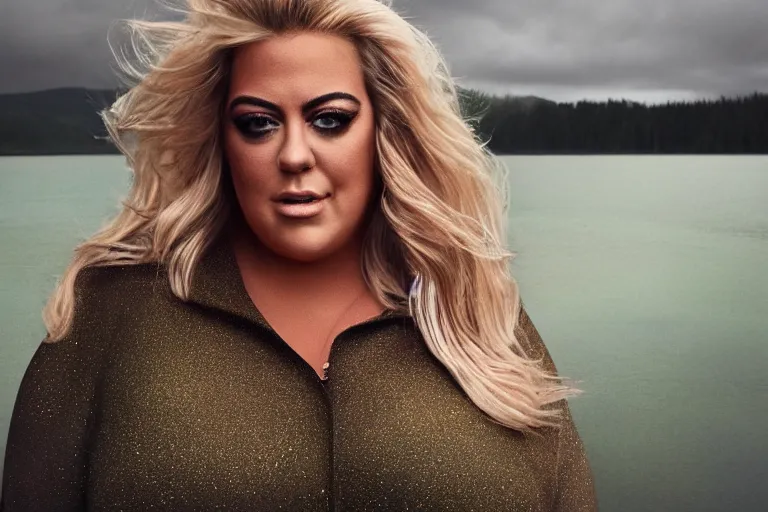 Image similar to a cinematic painting of gemma collins stood near a lake on a rainy day, beautiful lighting, high depth, ultra realistic, artistic, by annie leibovitz