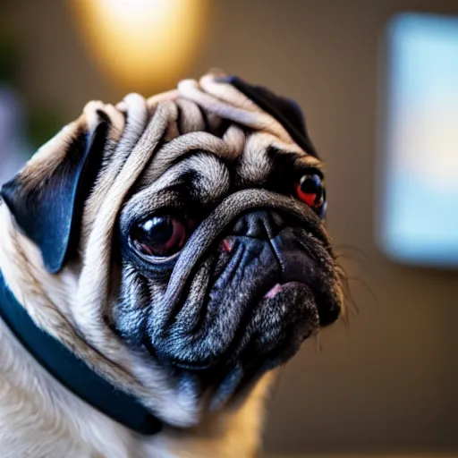 Image similar to film still medium shot a pug wearing a oculus quest vr headset, leica sl 2 5 0 mm, vivid color, high quality, high textured, real life