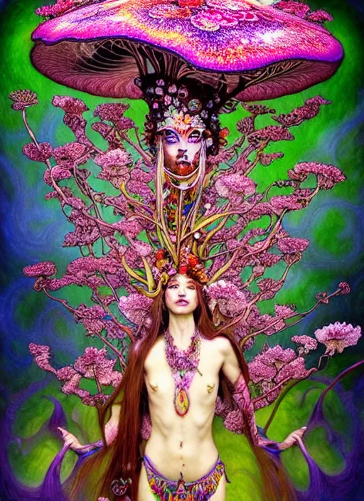 Image similar to extremely psychedelic organic shaman made of orchid and cherry blossom tree and mushroom, diffuse lighting, fantasy, intricate, elegant, highly detailed, lifelike, photorealistic, digital painting, artstation, illustration, concept art, smooth, sharp focus, art by John Collier and Albert Aublet and Krenz Cushart and Artem Demura and Alphonse Mucha