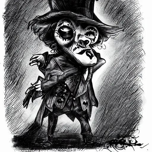 Prompt: a Pop Wonder scary horror themed goofy-hilarious-character Mad-Hatter-wearing a scarf, 3-piece-suit, dime-store-comic drawn with charcoal and pen and ink, half-tone-line-stacking