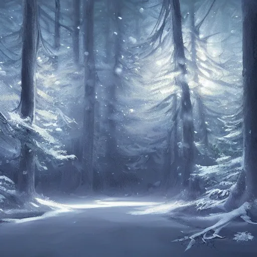 a painting of a forest with lots of snow flakes, a | Stable