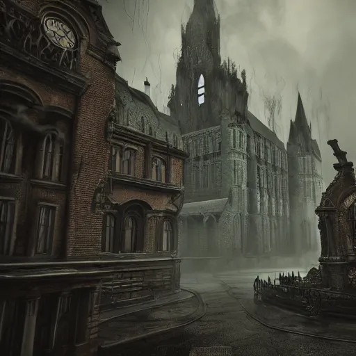 Image similar to haunted gothic horror lovecraftian city, swirling smoke and mist, ultrarealistic, intricate detail, finely detailed, small details, extra detail, high resolution, volumetric lighting, octane render, 8 k