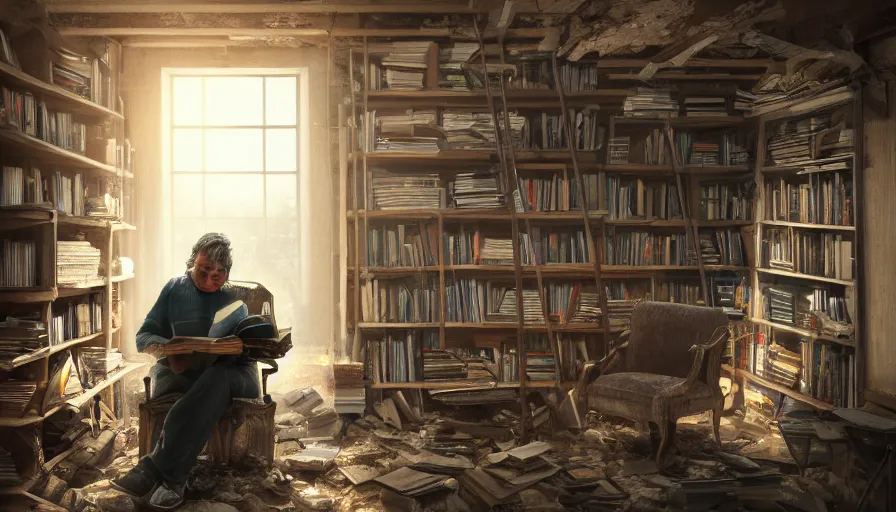 Image similar to Man reading books on a chair in an abandoned attic with a old wooden shelf of books, a lot of cobwebs and dust, hyperdetailed, artstation, cgsociety, 8k