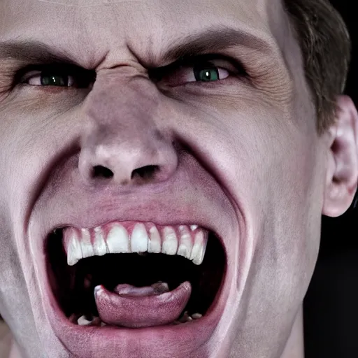 Image similar to Jerma985 with a wide smile, sinister looking, evil intent, horror, uncanny, detailed, high resolution, sharpened, close-up, professional photography