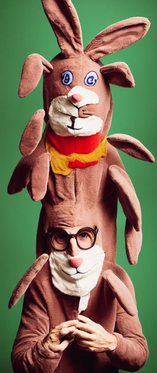 Image similar to award winning photo of larry david playing poker wearing bunny costume, vivid colors, happy, symmetrical face, beautiful eyes, studio lighting, wide shot art by Sally Mann & Arnold Newman