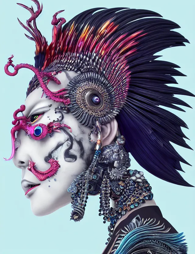 Image similar to 3 d goddess close - up profile portrait punk with mohawk with ram skull. beautiful intricately detailed japanese crow kitsune mask and clasical japanese kimono. betta fish, jellyfish phoenix, bio luminescent, plasma, ice, water, wind, creature, artwork by tooth wu and wlop and beeple and greg rutkowski