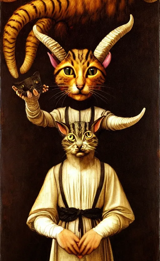 Image similar to a bipedal cat that has goat horns, anthropomorphic cat that is wearing robes, oil painting by leonardo da vinci, eldritch, magical, fog, noble, full body portrait, extremely detailed, cult, ritual, 4 k, 8 k