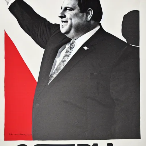 Image similar to chris christie. soviet propaganda poster. soviet realism. monochromatic red. cheap printing, fading ink, torn edges