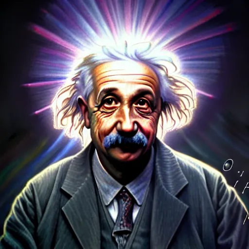 Image similar to portrait painting of albert einstein as a cyberpunk technician with a halo and devil horns, ultra realistic, concept art, intricate details, eerie, highly detailed, photorealistic, octane render, 8 k, unreal engine. art by artgerm and greg rutkowski and magali villeneuve and alphonse mucha