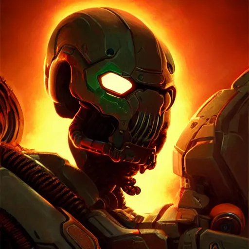 Image similar to doom guy, bright art masterpiece artstation. 8 k, sharp high quality artwork in style of greg rutkowski, concept art by tooth wu, blizzard warcraft artwork, doom helmet