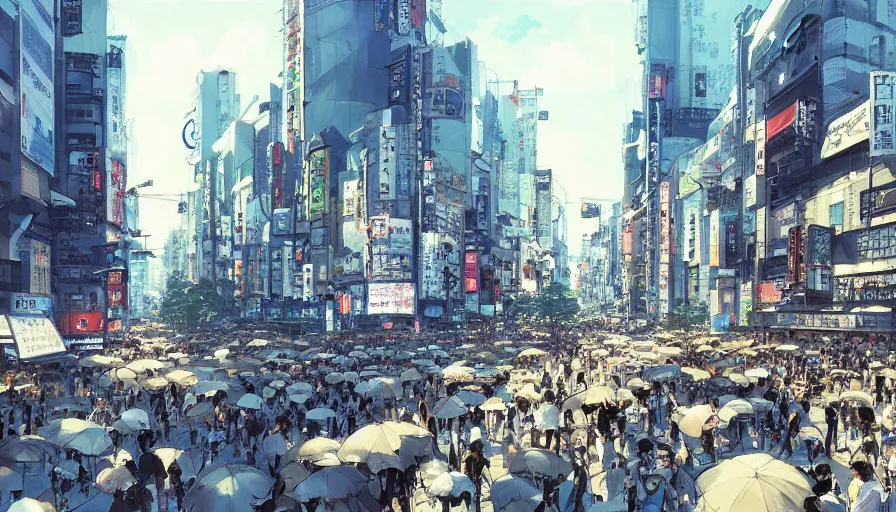 Image similar to shibuya tokyo on a beautiful day, trending on pixiv fanbox, painted by greg rutkowski makoto shinkai takashi takeuchi studio ghibli