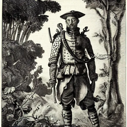 Prompt: A colonial soldier with the head of an octopus, standing in the middle of the jungle, engraving, ink, black and white, 17th century