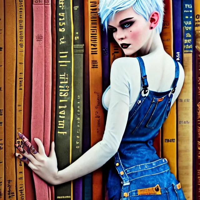 Image similar to full body pose, beautiful adult fairy, pixar, short white hair shaved sides, dirty, grungy, grunge, long sleeve, painted overalls, stacks of giant books, highly detailed, 4 k, hdr, smooth, sharp focus, high resolution, award - winning photo, artgerm, photorealistic