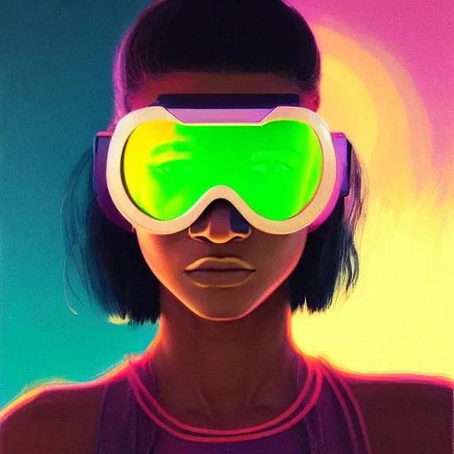 Prompt: zendaya wearing opaque reflective goggles profile picture by Greg Rutkowski, brown skin, very long hair, dune, asymmetrical, futuristic, neon volumetric lights, cool colors, streetwear, studio ghibli, Organic Painting , Matte Painting, geometric shapes, hard edges, street art, trending on the artstation, fantasy LUT, realistic by Sachin Teng + Martin Grip + Moebius, techwear, Industrial Scifi, detailed illustration, character portrait, dramatic, graphic,