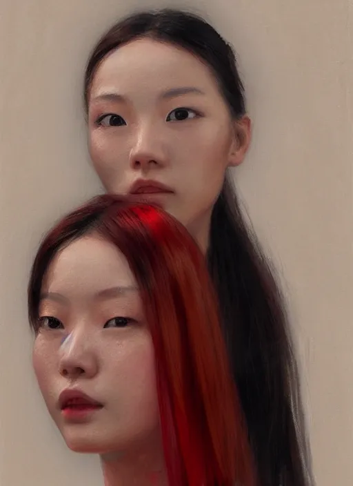 Prompt: a realistic detail portrait of a beautiful chinese girl has black and red hair, crying, oil painting by julian calle, greg rutkowski, finnian macmanus, syd mead trending on artstation, red and yellow scheme, 8 k, wide - angle lens