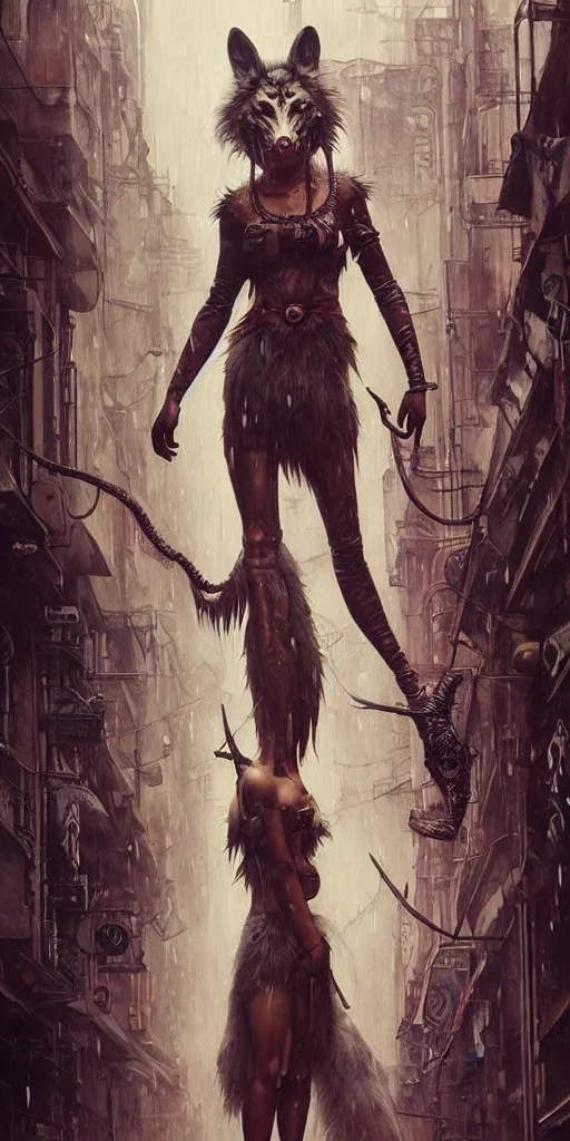 Image similar to hyper realistic Princess Mononoke, ornate mask, wet market street, rainy cyberpunk metropolis, full body pose, wolves, style of tom bagshaw, mucha, james gurney, norman rockwell, denoised, sharp