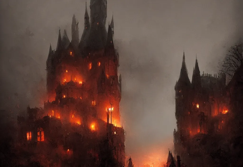 Image similar to a castle on fire, night, foggy, gloomy, mysterious, artstation, jakub rozalski, high detail