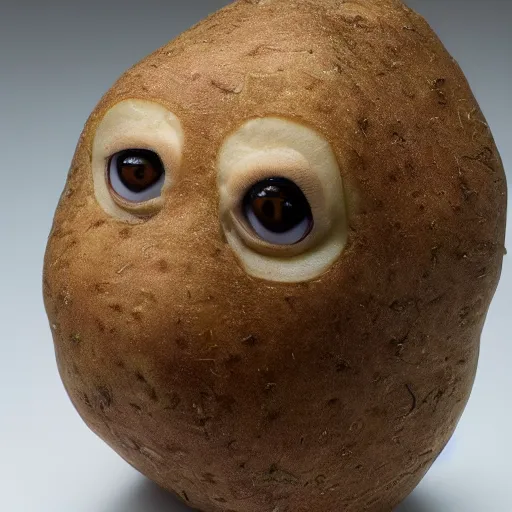 Image similar to a taxidermized potato with a human face, in a museum, 8 5 mm lens, 7 0 mm entrance pupil diameter