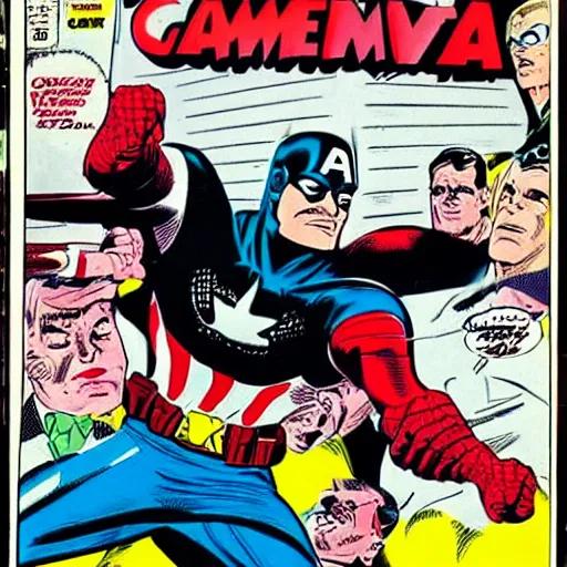 Image similar to comic book pane of Captain America arresting Batman, silver age of comics, Jack kirby illustration