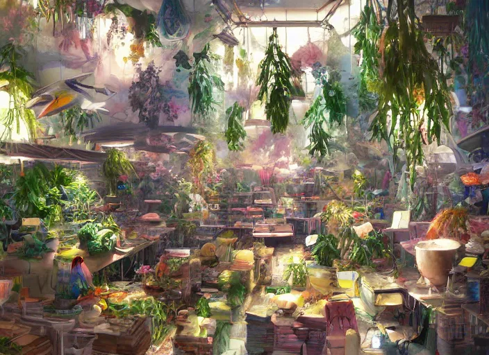 Image similar to messy cozy store with cluttered hanging cages and bright aquariums, dense verdant foliage, dim painterly lighting, impasto, trending on pixiv