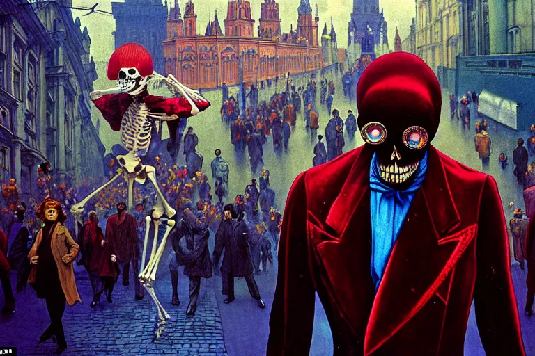 Prompt: realistic detailed photorealistic film portrait shot of a single skeleton wearing crimson velvet blazer in a crowded futuristic moscow street by Denis Villeneuve, Amano, Yves Tanguy, Alphonse Mucha, Ernst Haeckel, Andrei Tarkovsky, Edward Robert Hughes, Roger Dean, rich moody colours, slime, wide angle, blue eyes