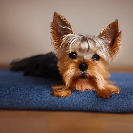 Prompt: yorkshire terrier, lying on its back, belly up, smiling, realistic, very detailed, 4k, smooth