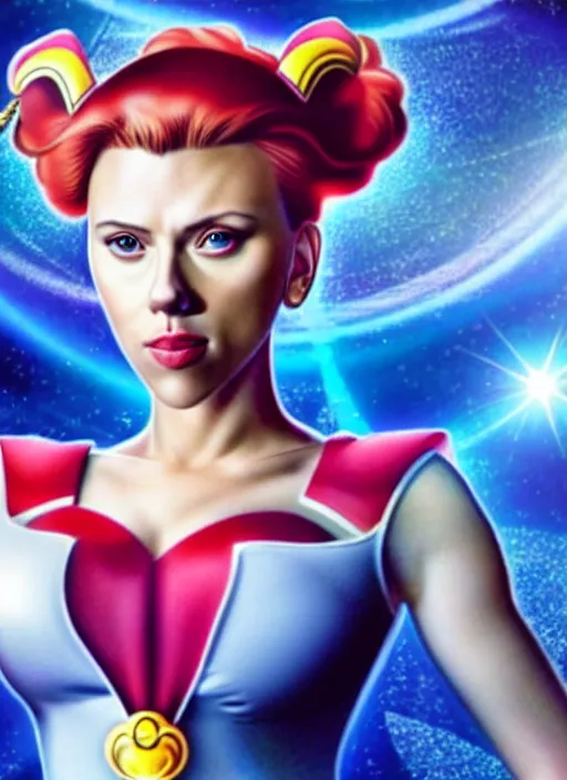 Image similar to perfectly centred realistic picture of scarlett johansson as a sailor moon, calls on the phone at futuristic office, highly detailed, sharp focus, photorealism