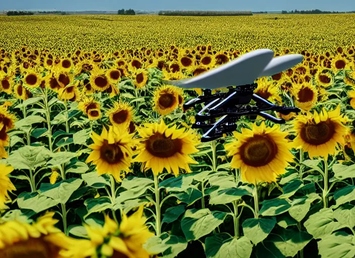 Prompt: Communist Propaganda Poster of a Bayraktar TB2 drone in a sunflower field.