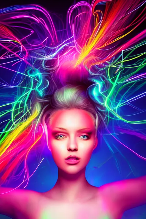 Image similar to a award winning half body portrait of a beautiful woman with stunning eyes in a croptop and leggings with reinbow colored ombre hairstyle head in motion and hair flying while dancing by thomas danthony, surrounded by whirling illuminated lines, outrun, vaporware, shaded flat illustration, digital art, trending on artstation, highly detailed, fine detail, intricate