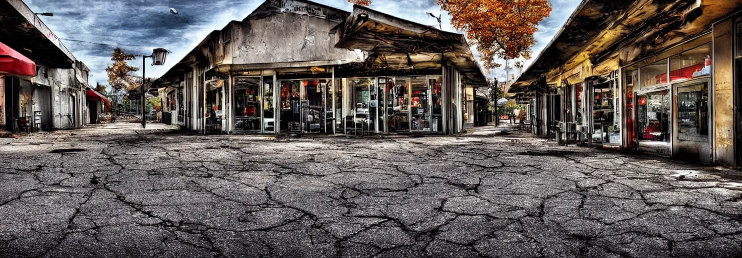 Image similar to Abandoned cafe on parking lot HDR cinematic noon detailed sunny cracked pavement autumn