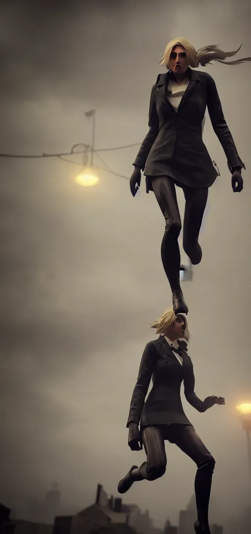 Image similar to beautiful annie leonhart running on high heels in dunwall city, redshift render, beautiful face, detailed face, cinematic lighting, rainy weather, melancholy atmosphere, volumetric light, octane render, dishonored 1, gothic architecture, realistic reflections, octane render 8 k