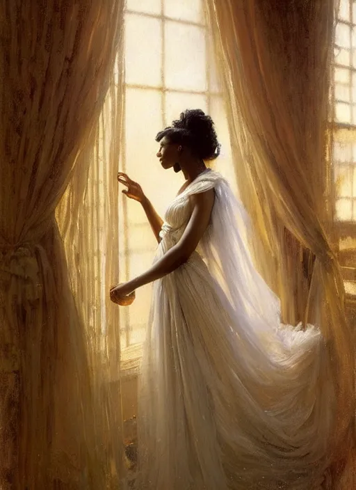 Image similar to a beautiful young black woman with long flowing hair in a flowing white gown in looking out a window through gauzy curtains, highly detailed painting by gaston bussiere, craig mullins, j. c. leyendecker 8 k