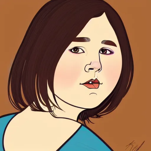 Image similar to chubby brunette woman with straight hair in a short bob, round face, romanian heritage, brown eyes, no bangs, digital art, cartoon, 8k, illustration, art nouveau, Alphonse Mucha, trending on artstation, medium shot, head shot