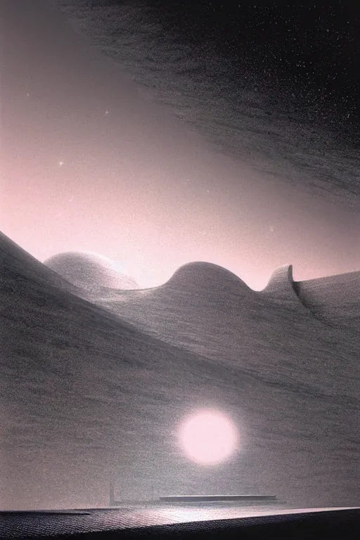 Image similar to emissary space by arthur haas and bruce pennington and john schoenherr, photo realism, cinematic matte painting, minimal modern, zaha hadid building in the mountains with falling snow, dark monochrome color palate, pink sunset,