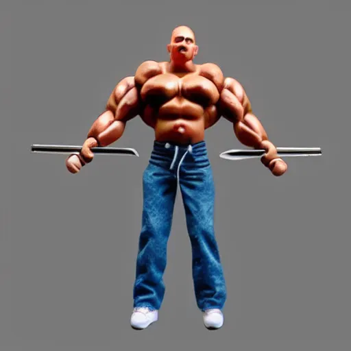 Prompt: fork bodybuilder with fork for head lifts forks, hyper realistic forkman