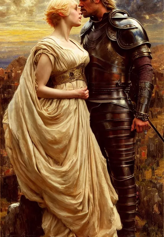 Image similar to attractive handsome fully clothed jaime lannister confesses his love for attractive fully armored brienne of tarth. wow! romance!! highly detailed painting by gaston bussiere and j. c. leyendecker 8 k