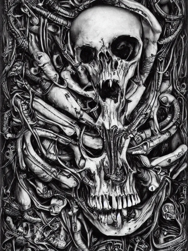 Prompt: Hyper-realistic black and white Valentine's Day card made of big skulls and big bones by H.R. Giger